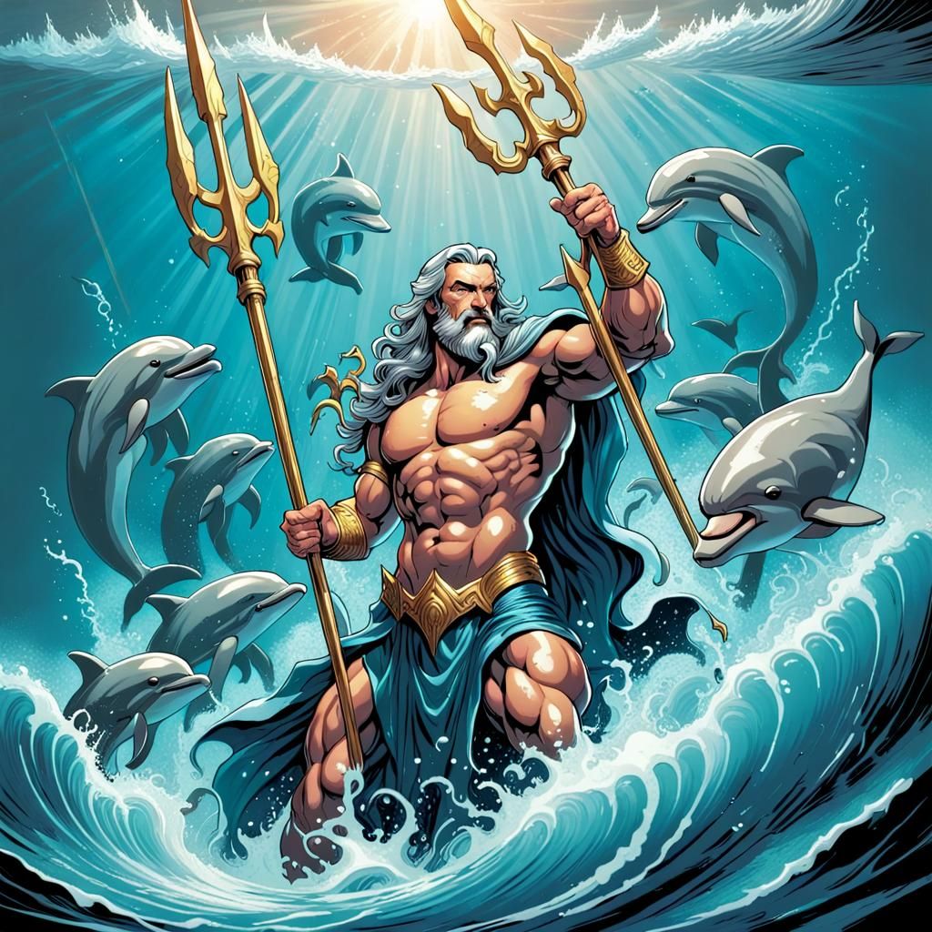 Poseidon with Trident in Comic Book Art