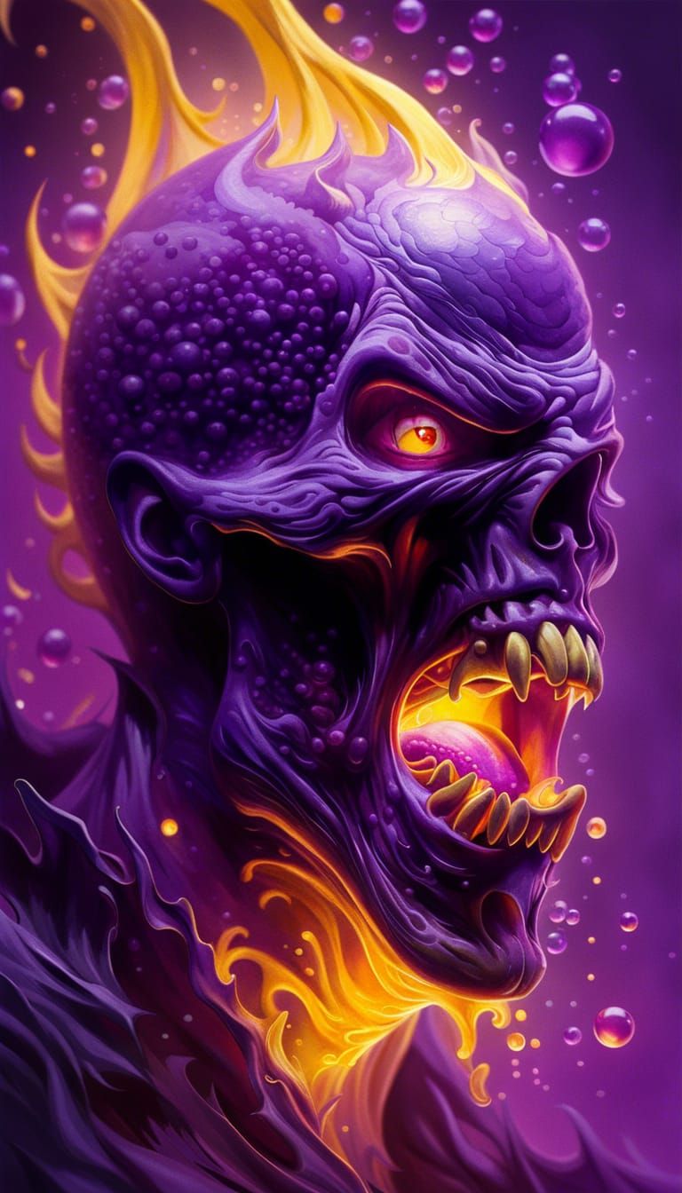 Horrific-Purple_Yellow-flaming-Zombie-Face-screaming-diffusing-glowing-tiny-bubbles-and-dust-partials