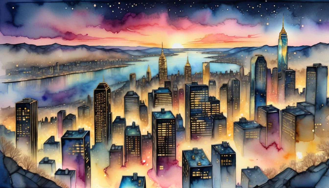 Twinkling Cityscape at Dusk: Mixed Media Masterpiece