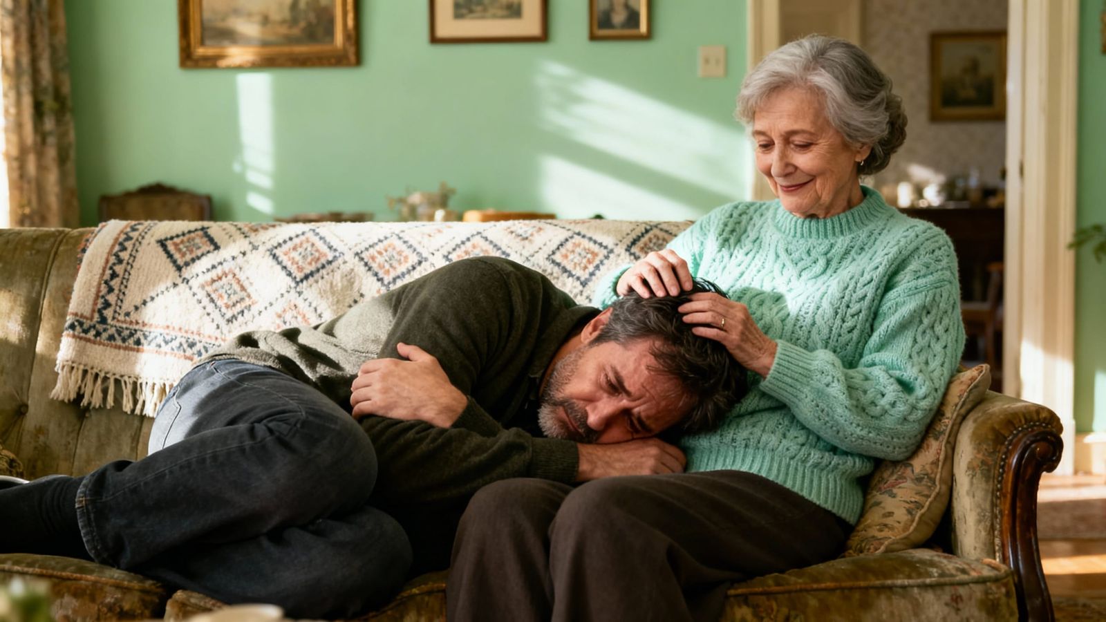 Comforting Embrace: Mother Soothes Sad Son on Vintage Couch