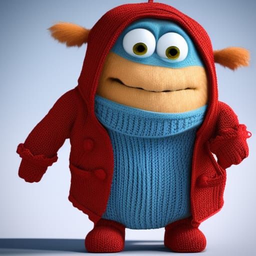 Cute Knitted Monster in Dressing Gown: 3D Digital Art