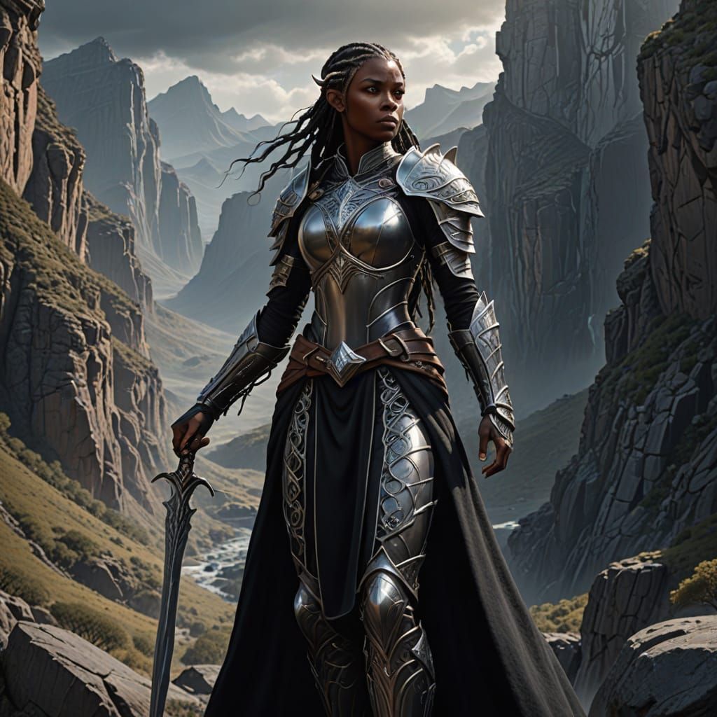 Elven Warrior Woman in Rocky Canyon, CGI Art