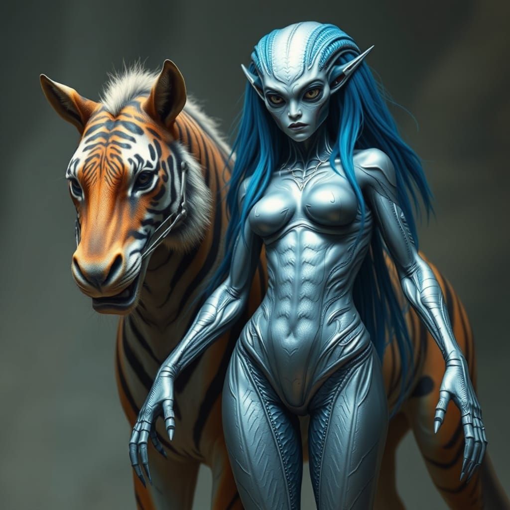 Voluptuous Scaled Alien With Tiger-Horse Hybrid