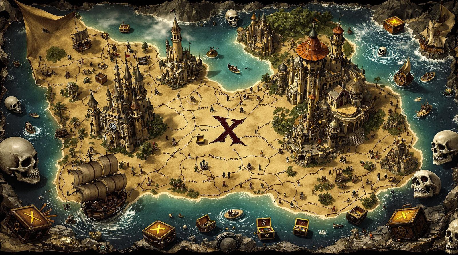 Epic Fantasy Treasure Map in Cyberpunk Style