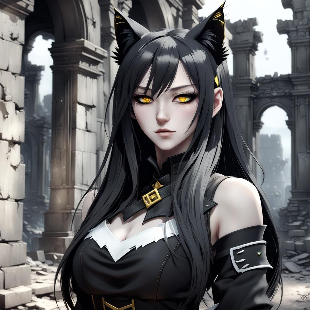 Anime-Style Portrait of a Cat-Eared Woman