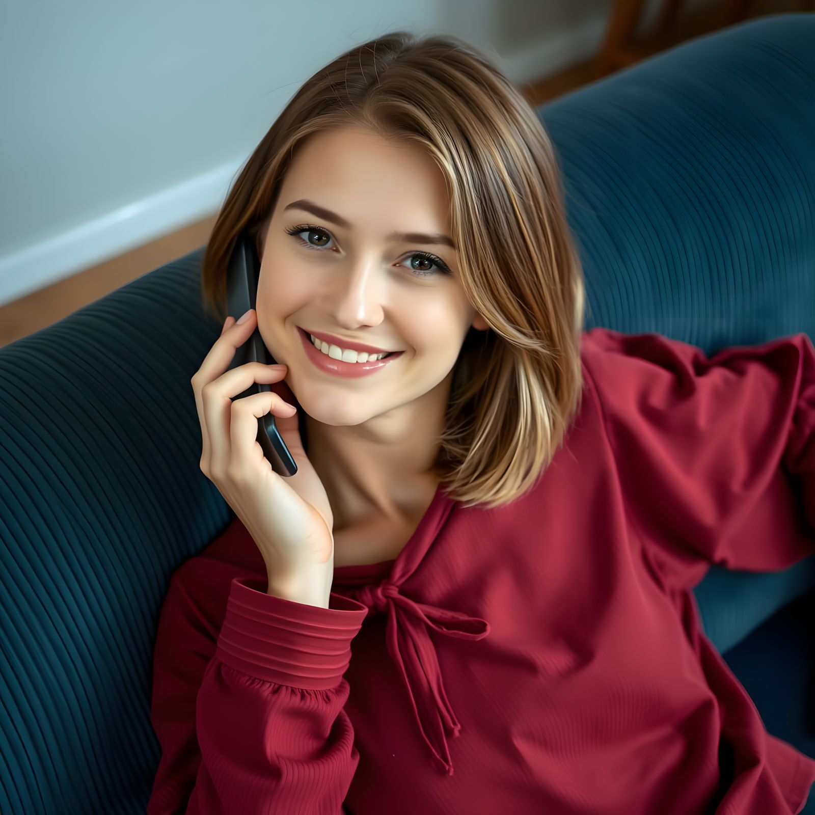 Young Woman Smiles on Phone in Cozy Indoor Setting