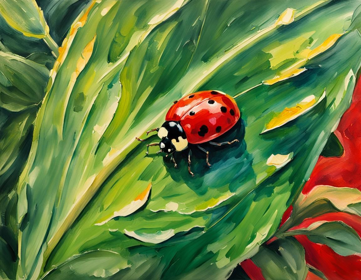 Ladybug on Leaf in Gouache Watercolor Style