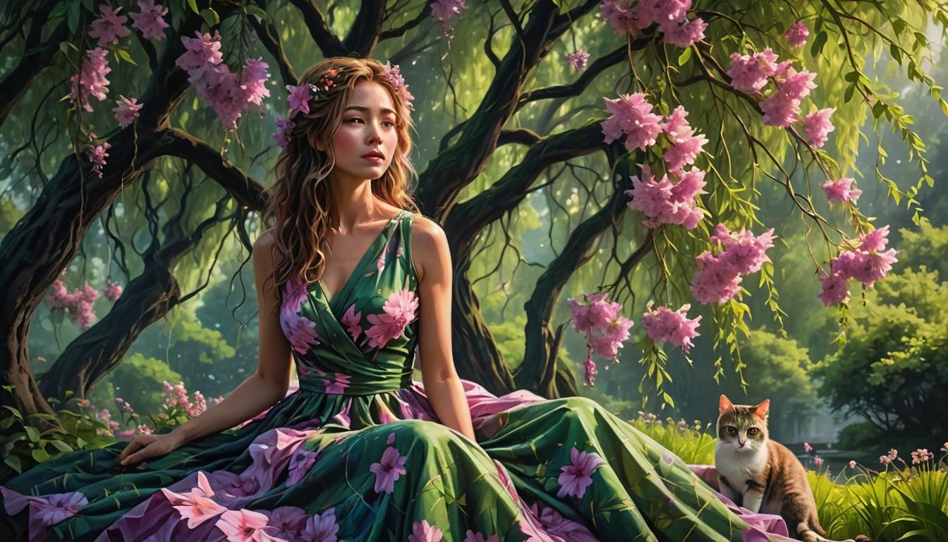 Woman Under Willow Tree in Van Gogh Style