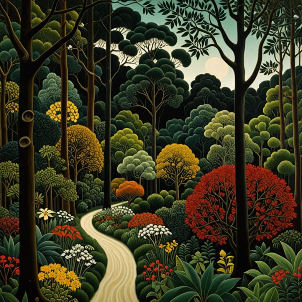 Vivid Landscape Painting in Klimt and Rousseau Style