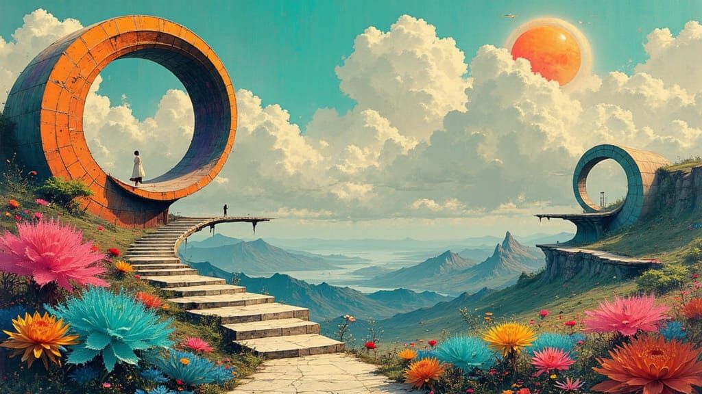 Escher-Inspired Surreal Landscape with Geometric Megastructu...