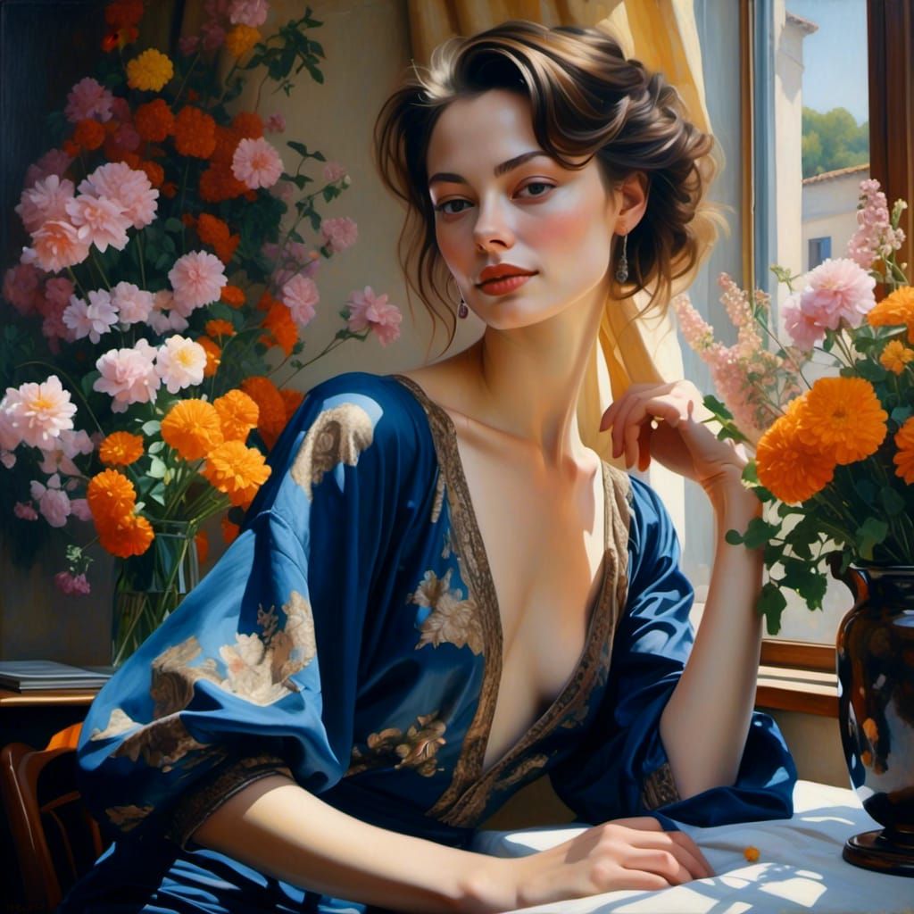 Serene Woman Portrait with Flowers, Fine Art Style