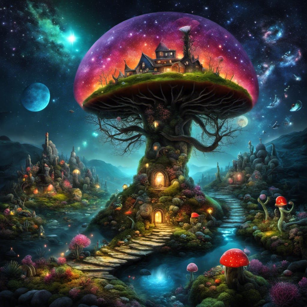 Glowing Fantasy Landscape with Bioluminescent Flora