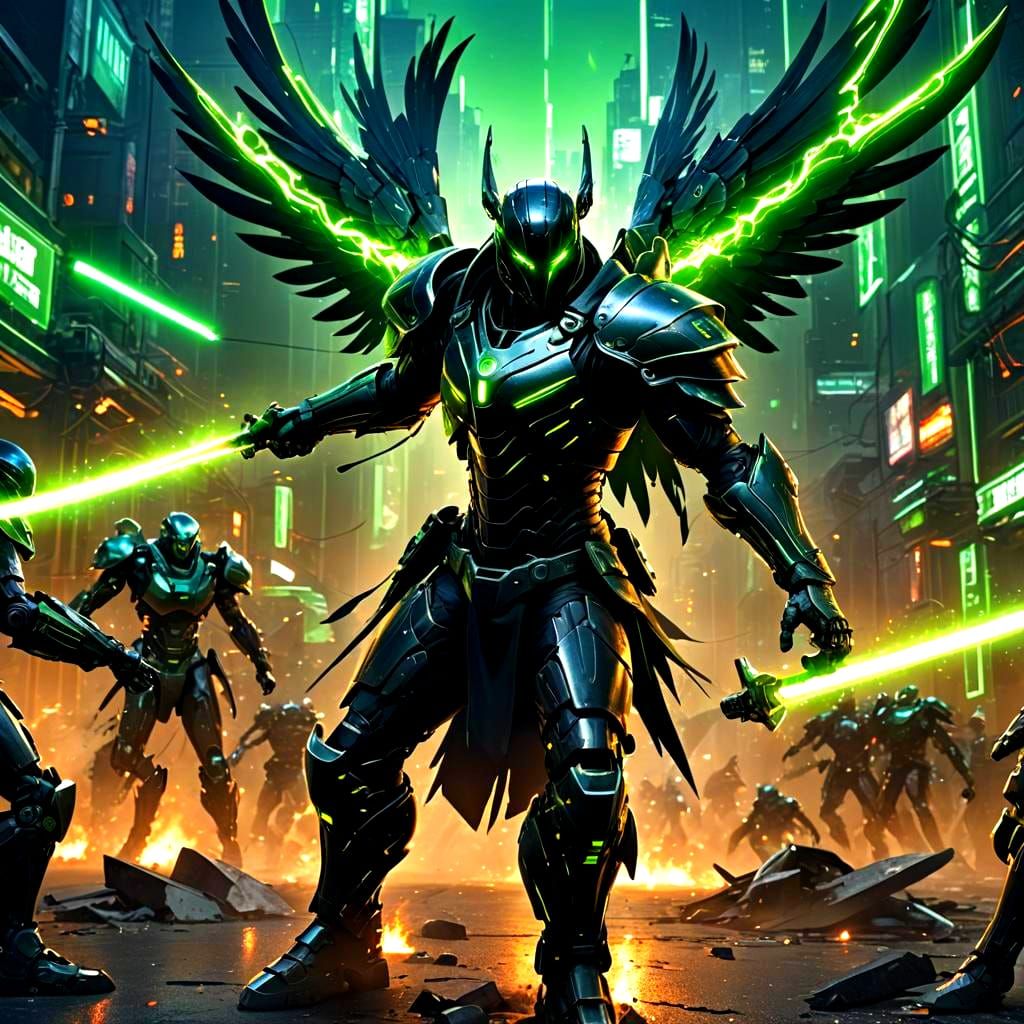 Cybernetic Warrior Battles Robot Army in Detailed Matte Pain...