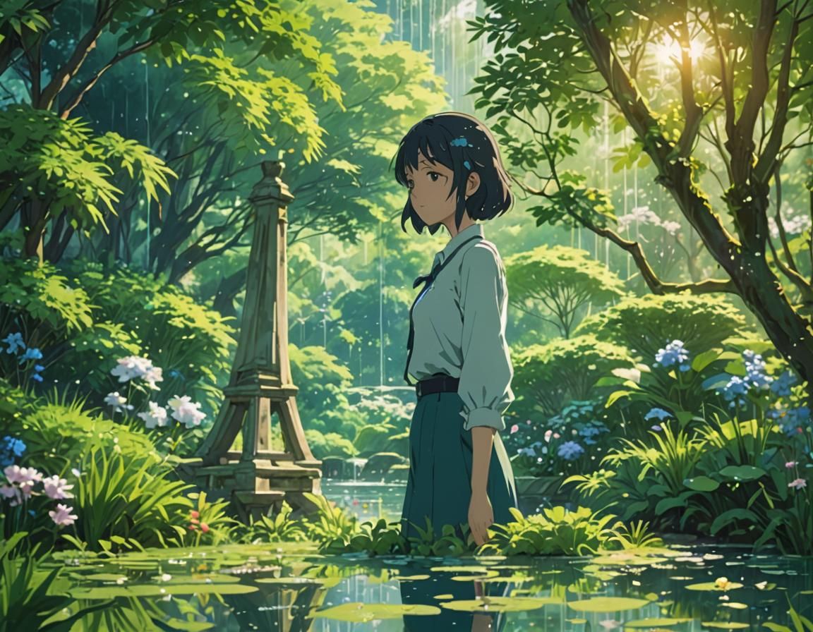 Girl in Lush Garden: Vibrant Anime Concept Art