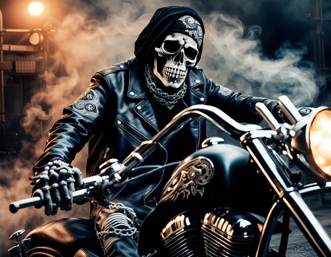 Skeleton Biker in Smoke, Gothic Art Wallpaper