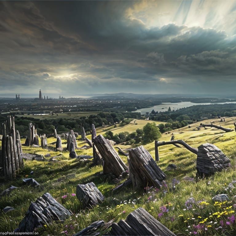 Ethereal Dark Fantasy Cityscape Amidst Majestic Timberlands