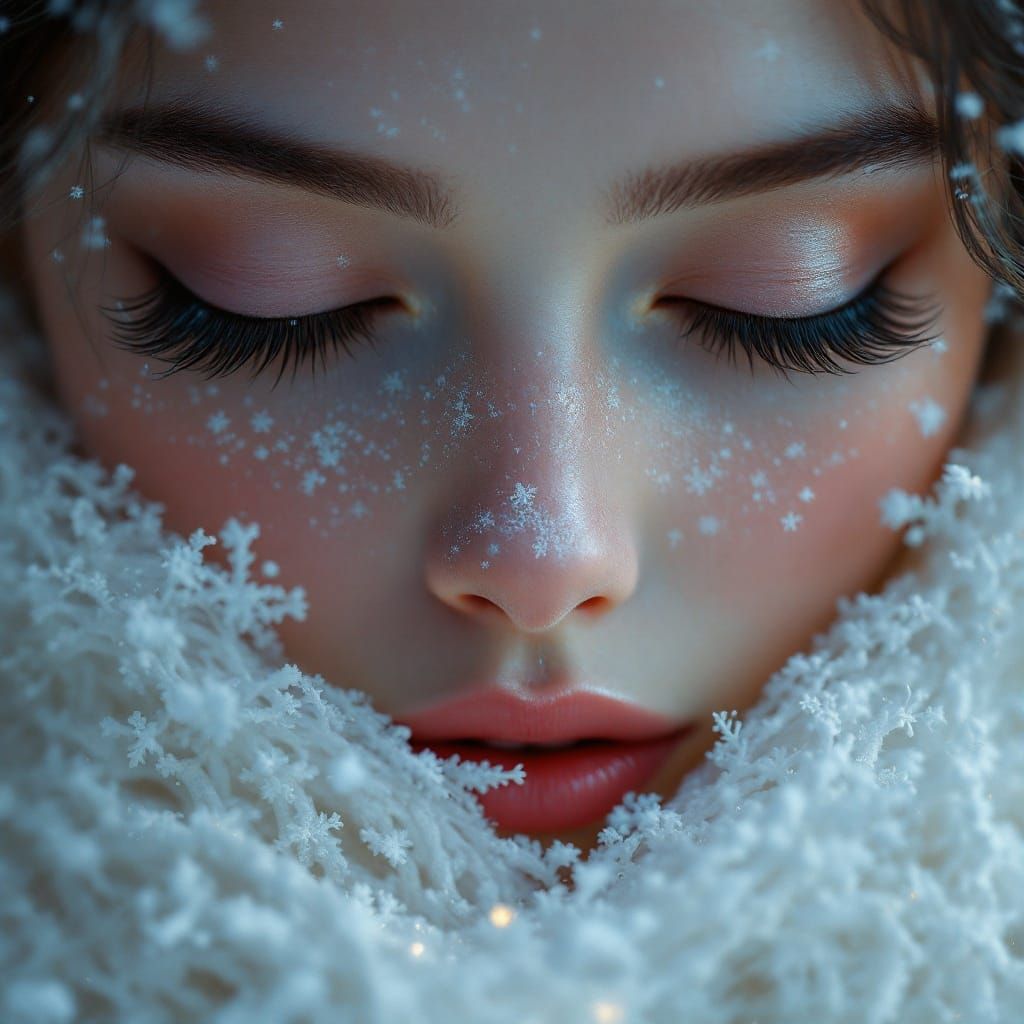 Serenely Contemplative Girl with Snowflakes on Her Eyelashes