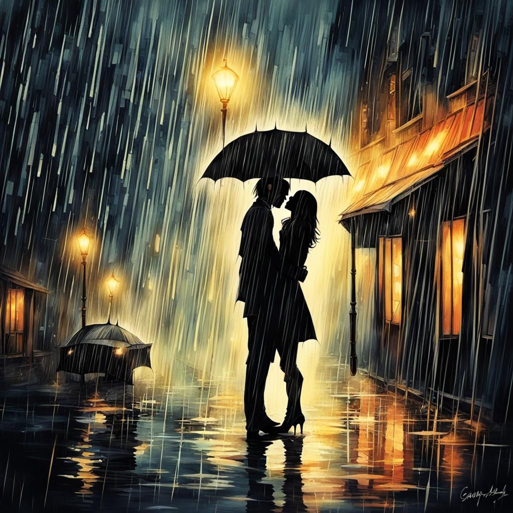 Romantic Kiss in the Rain at Night