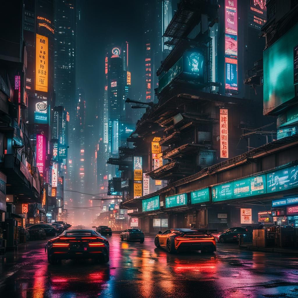 Cyberpunk Cityscape at Night with Neon Lights and Flying Car...