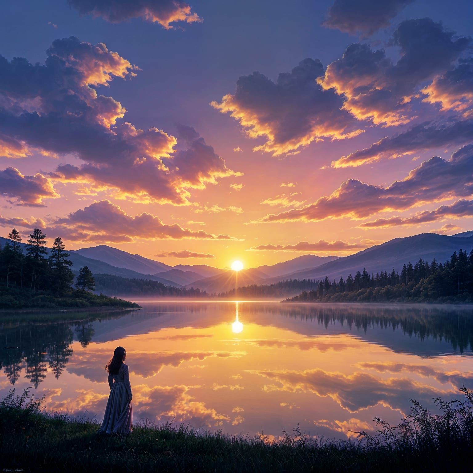 Vibrant Sunrise Over Calm Landscape with Glowing Clouds