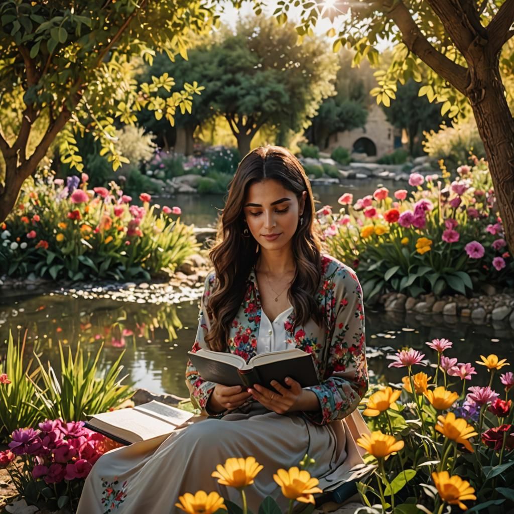 Young Woman Reading in a Sunlit Garden