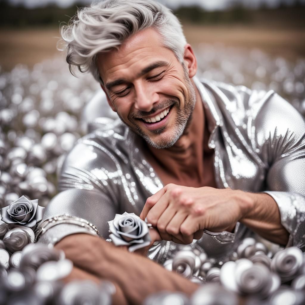 Metallic Silver Rose with Man Portrait