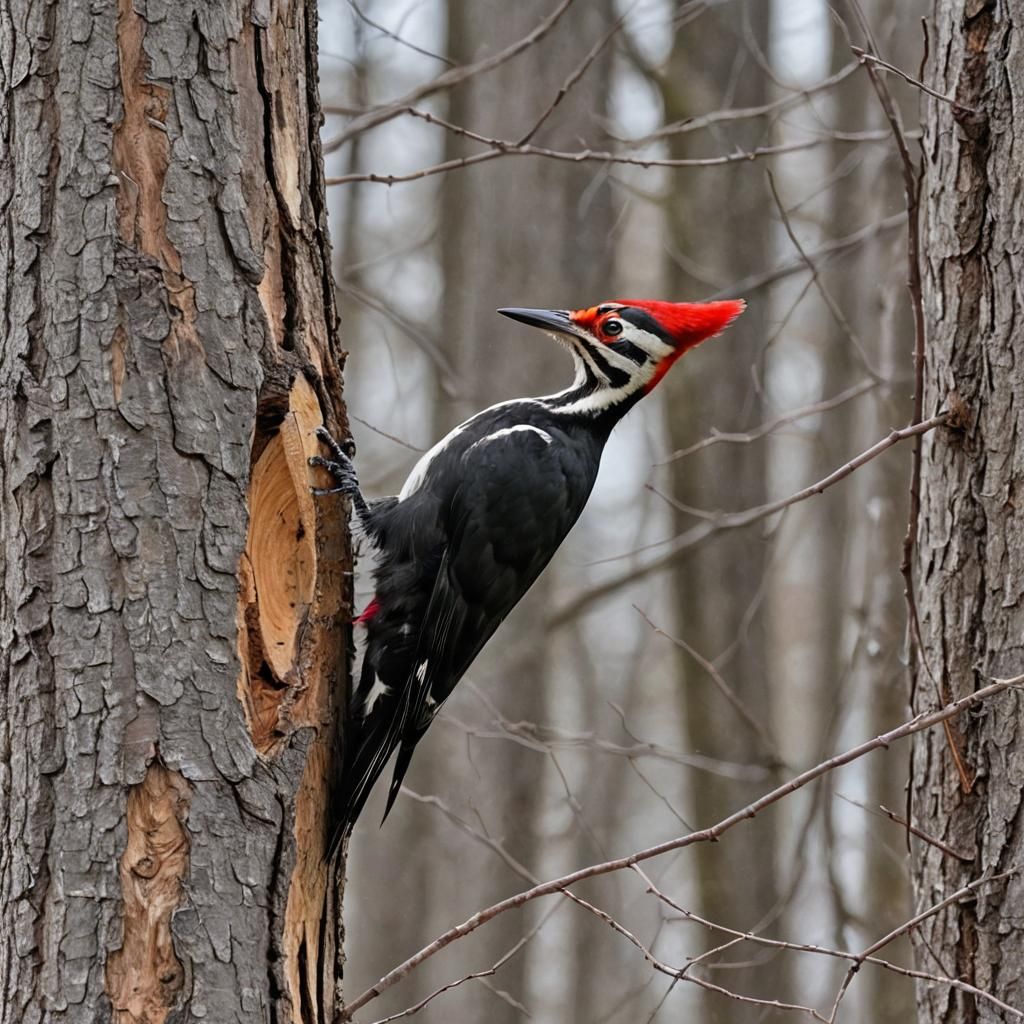 Pileated Woodpecker Pecking at a Tree