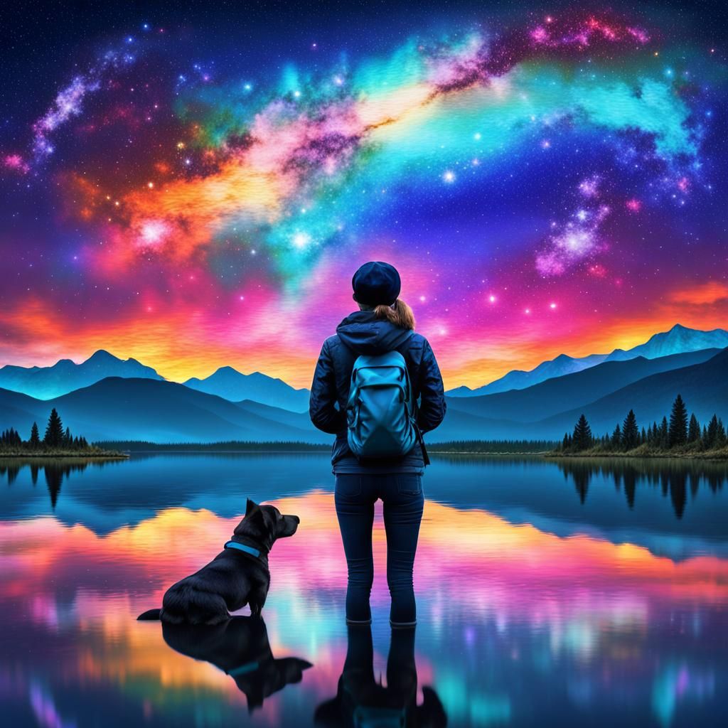 Woman and Dog Admire Starry Night Sky