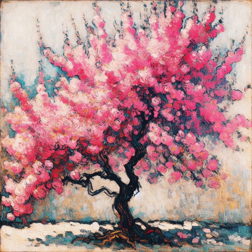 Blooming Pink Tree in Art Brut Style