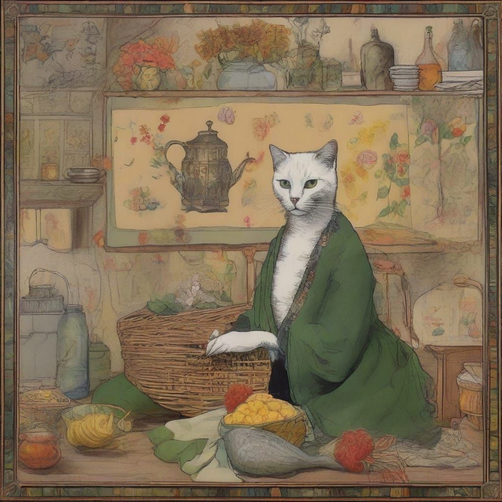 Woman, Cat, and Basket in Renaissance Style