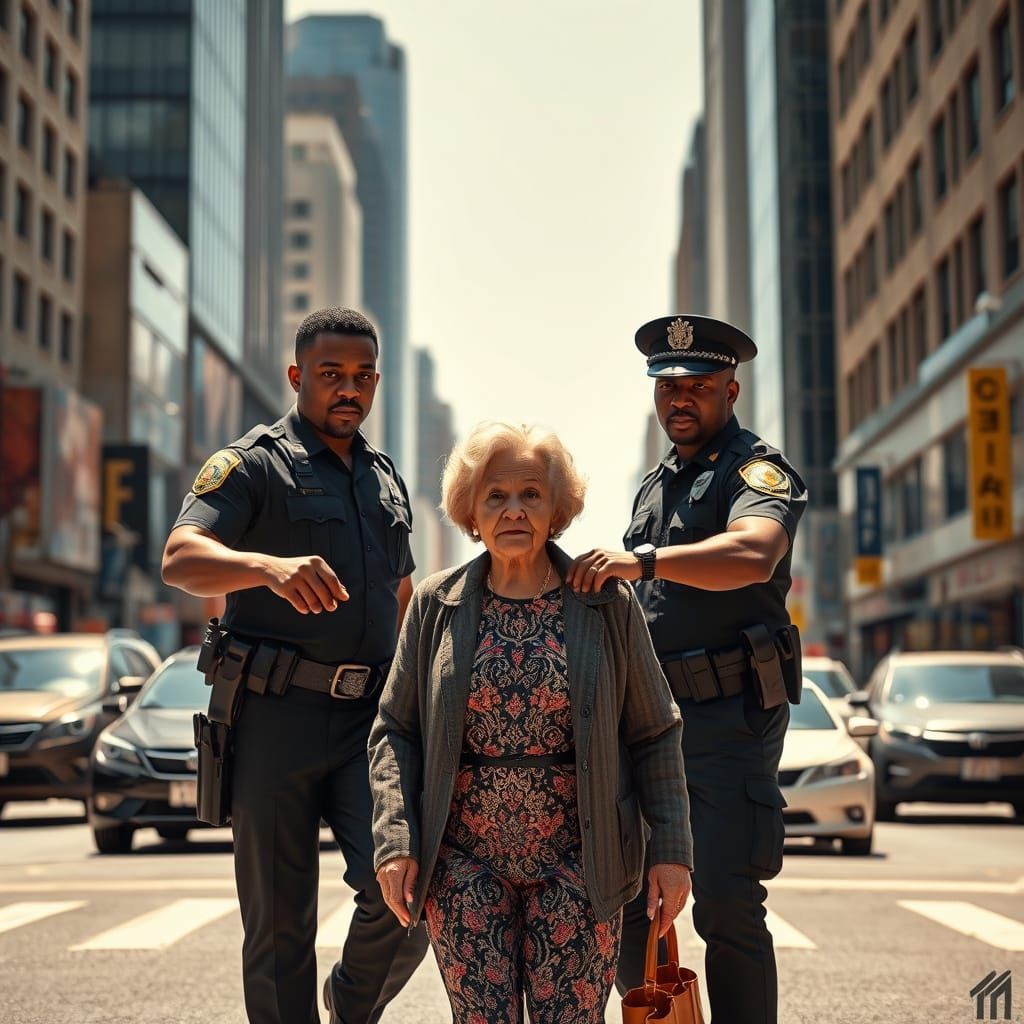Buddy Cops Aid Elderly Woman in Vibrant City Scene