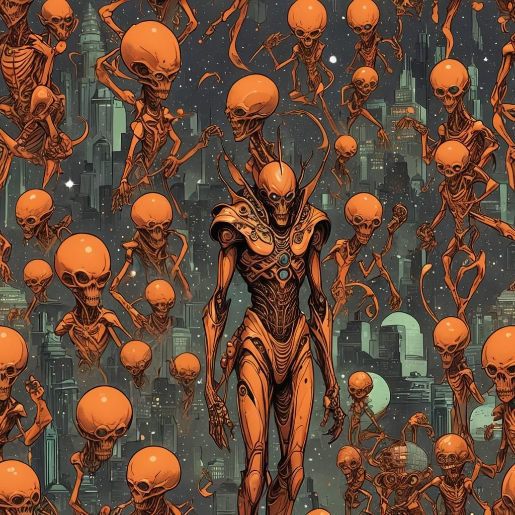 Art Deco Cityscape with Alien Deities in Orange Sky