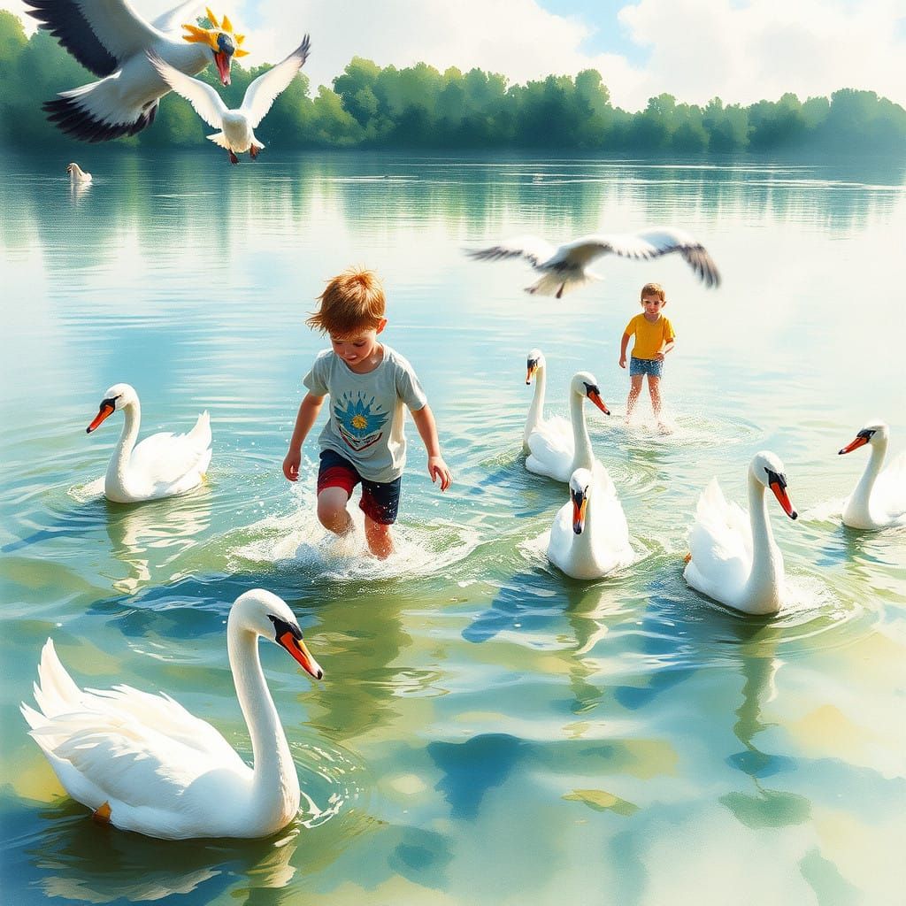 Children's Lake Adventure in Vibrant Watercolor Style