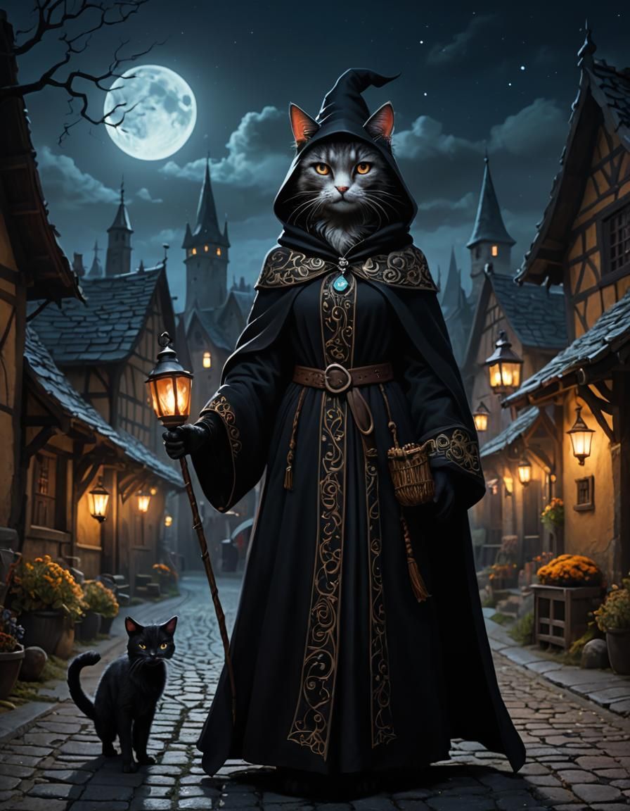 Enchanting Cat Witch in Medieval Village