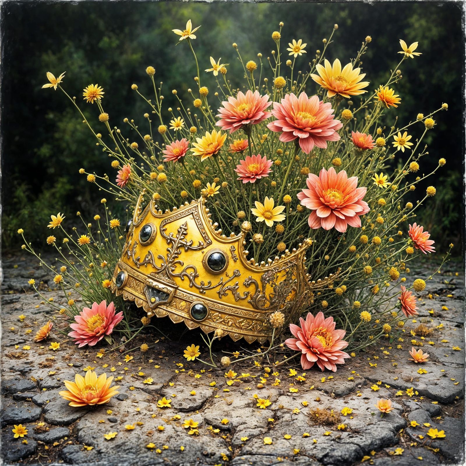 Ancient Gold Crown Overgrown with Flowers