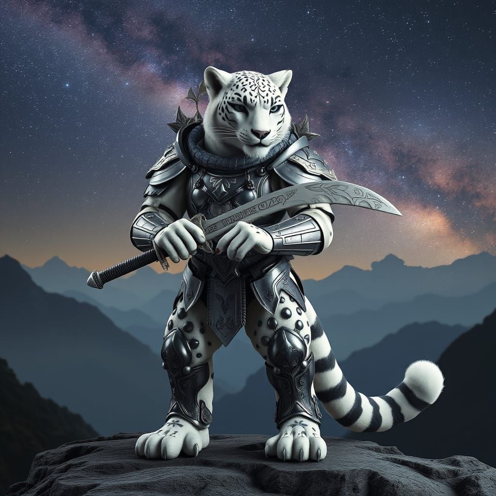 Mystical Snow Leopard Warrior in Metallic Armor