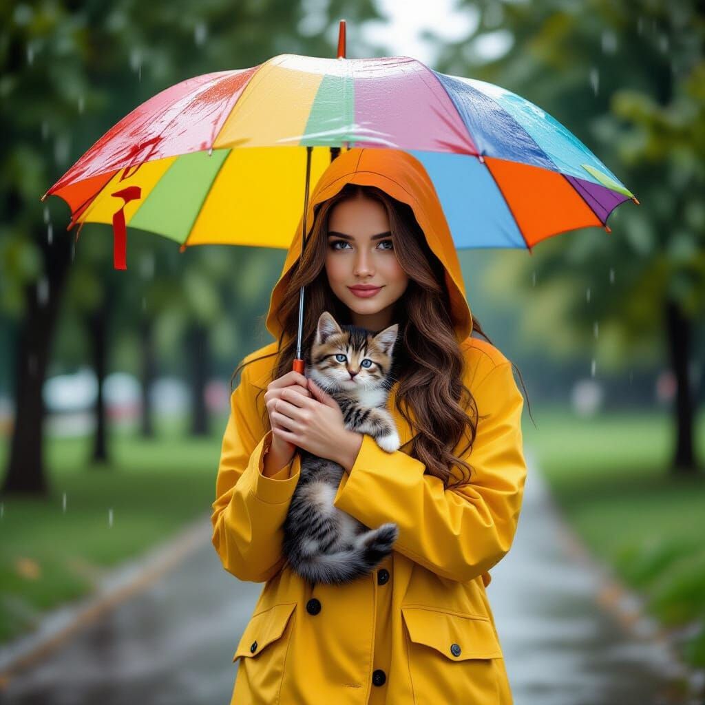 Woman Rescues Kitten in Rainy Park: Hyperrealistic Photo