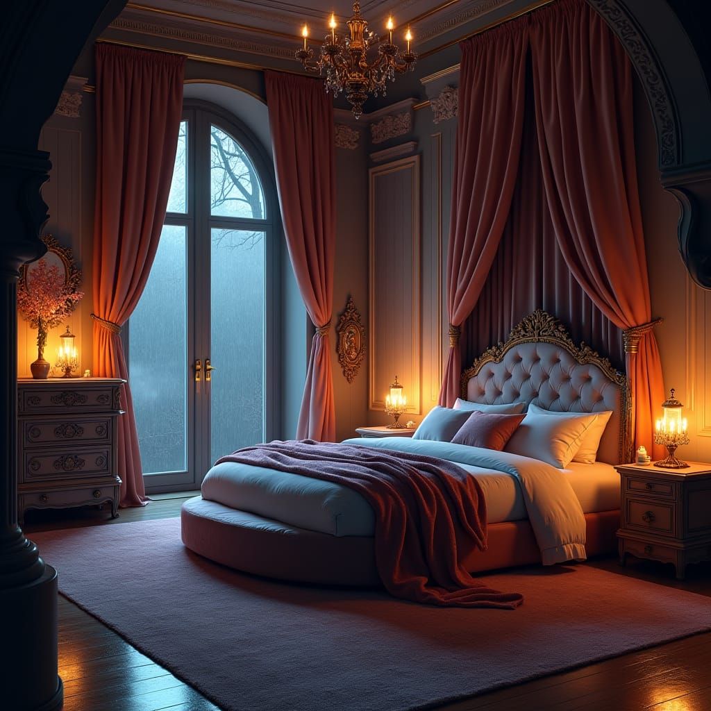 Mystical Bedroom with Round Bed, Digital Matte Painting
