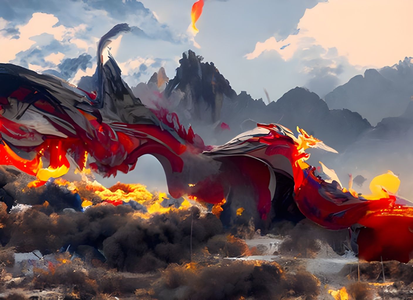 Flying Fire Dragon Over Burning City: Digital Art