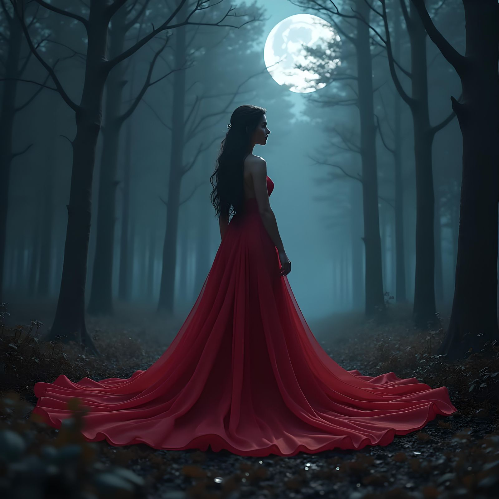 Woman in Red Gown in Dark Forest