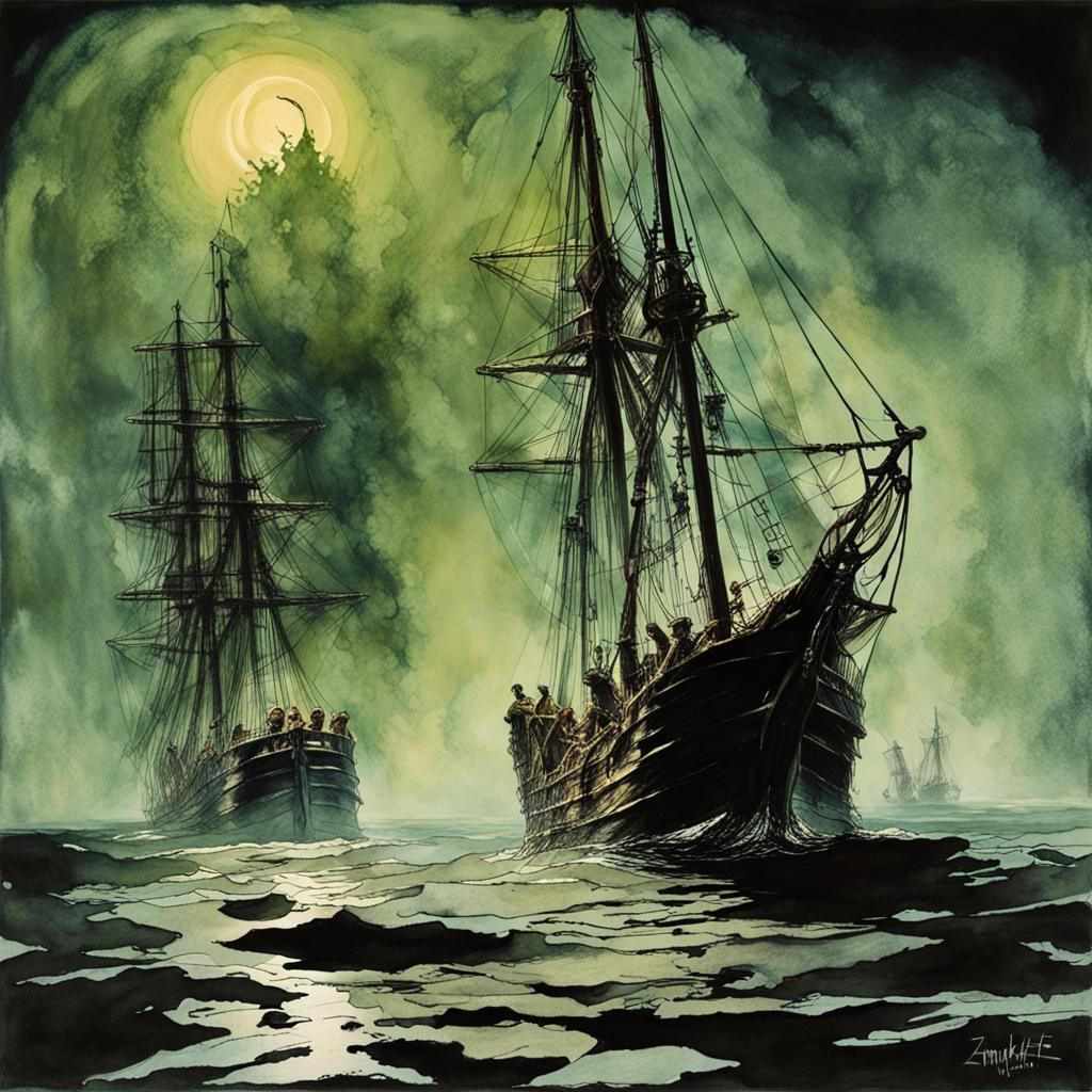 Surreal Nighttime Schooner Under Zombie Pirate Attack in FOG