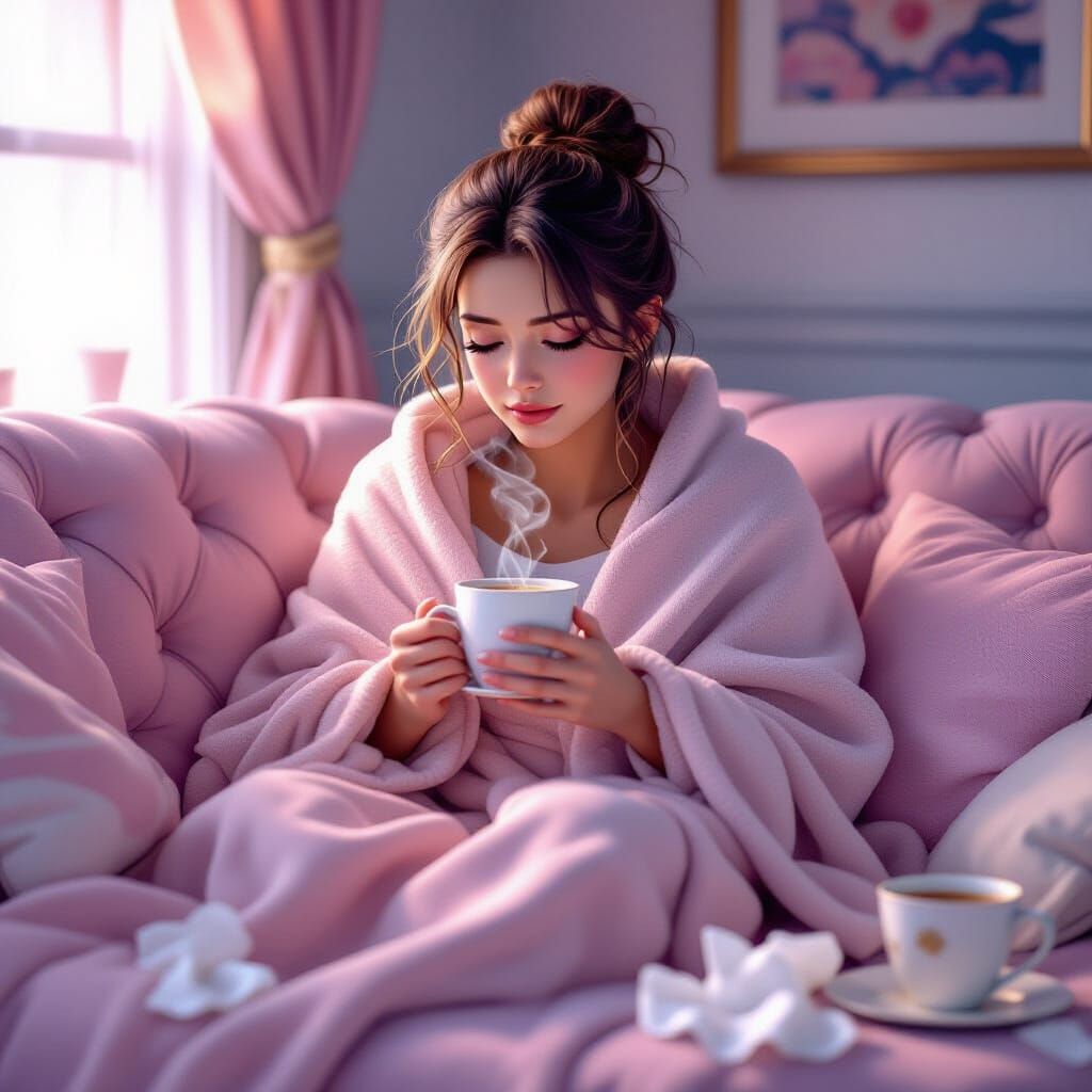 Sick Woman Resting Comfortably in Pastel Room