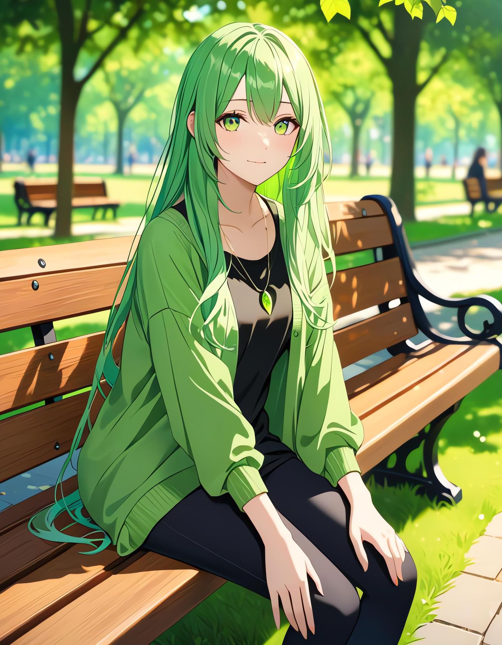 Girl with Green Hair Sitting on Bench