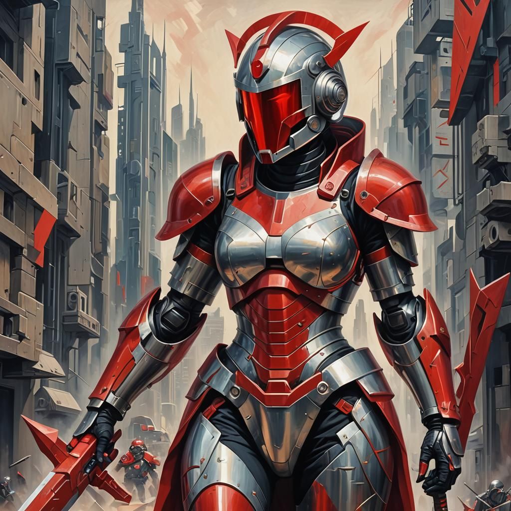 Cybergoth Warrior in Red Power Armor with Spear