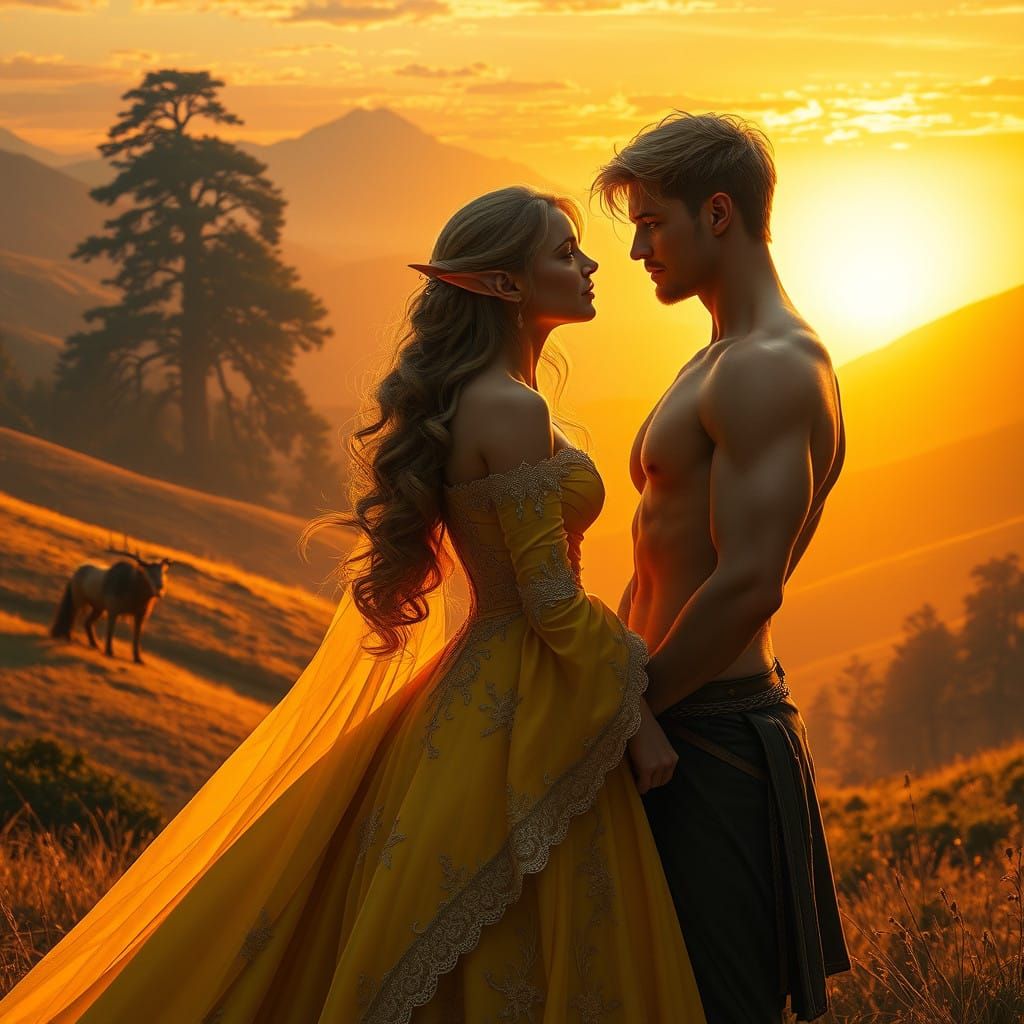 Elegant Elf Romance in Vibrant Fantasy Landscape