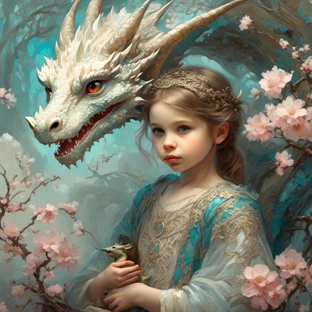 Girl Holding Baby Dragon with Almond Blossoms