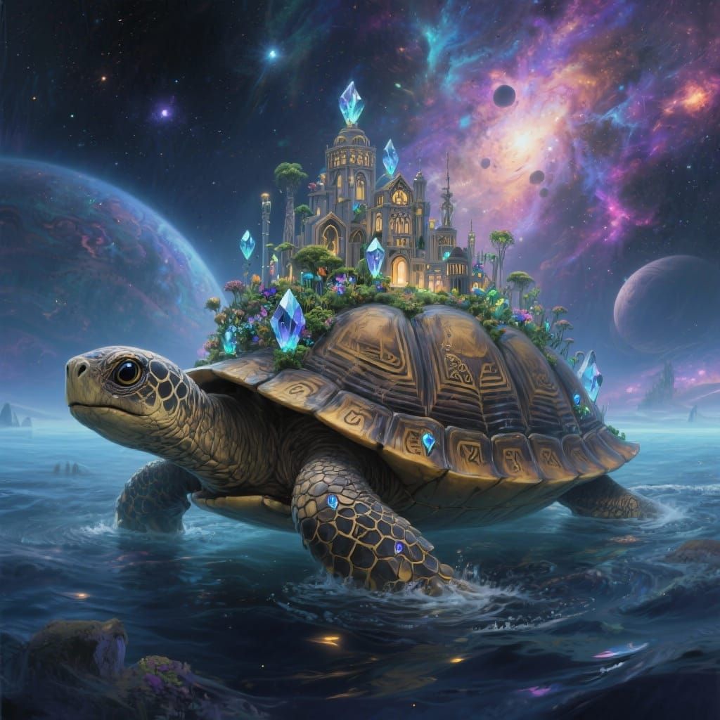 Ancient Tortoise Carries City Through Cosmic Ocean