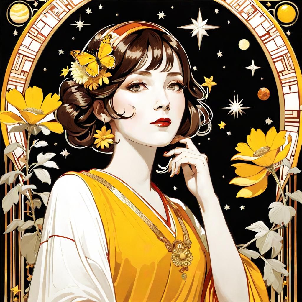 Yellow Universe with Smoke Woman in Art Deco Style