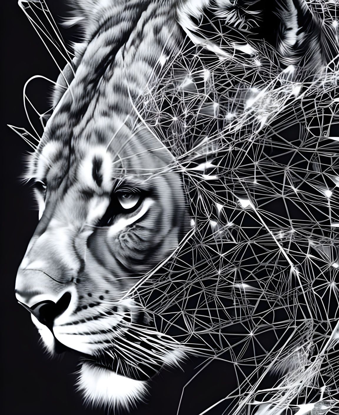 Intricate Lioness Portrait with Silver Outlines
