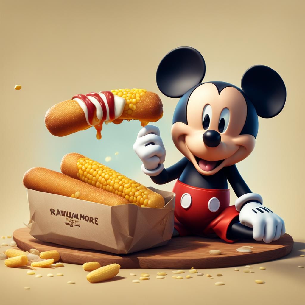 Mickey Mouse Eating Corn Dog: Detailed Matte Painting